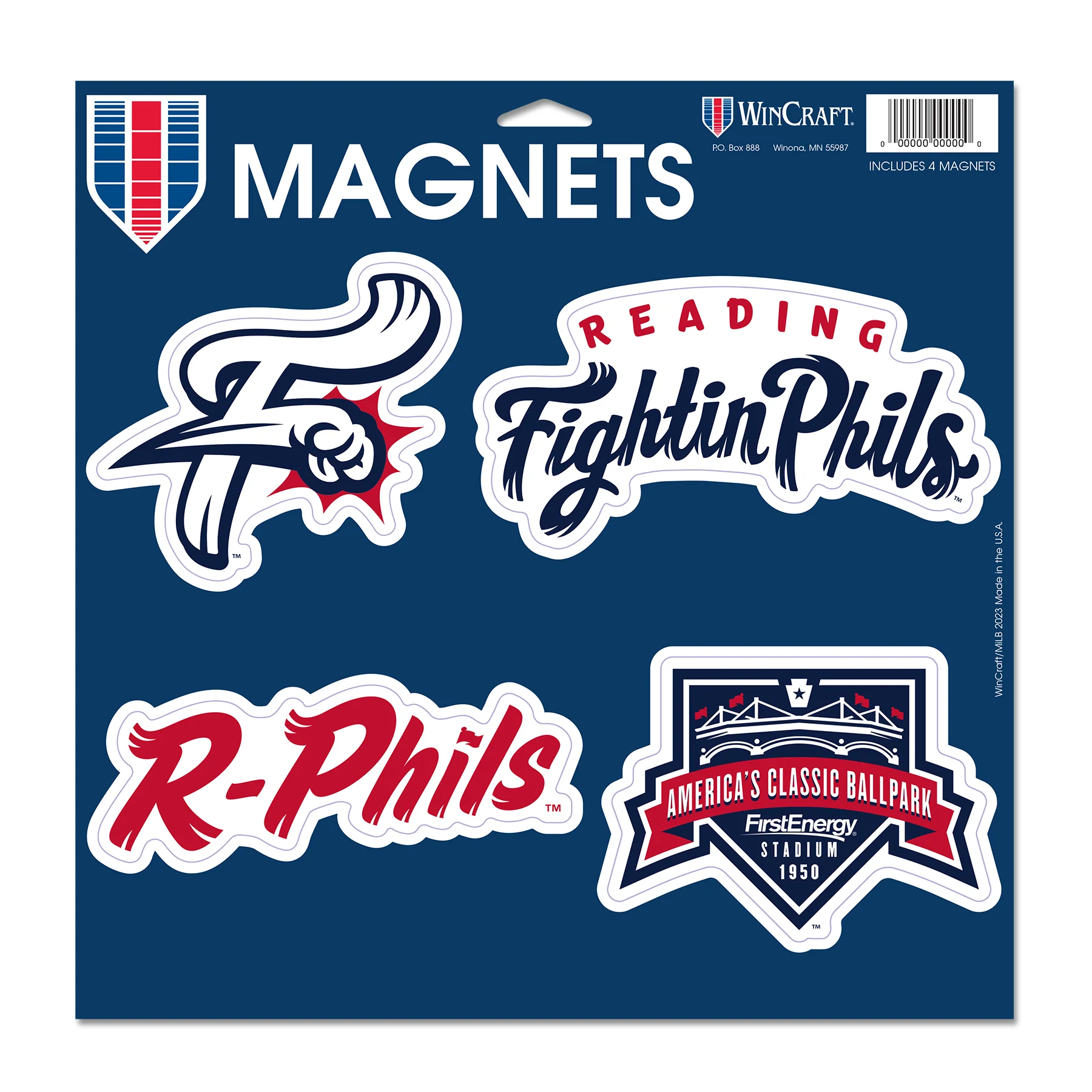 Wincraft 4 Pack Magnet - America's Classic Ballpack, F-Fist, Reading Fightin Phils, R-Phils