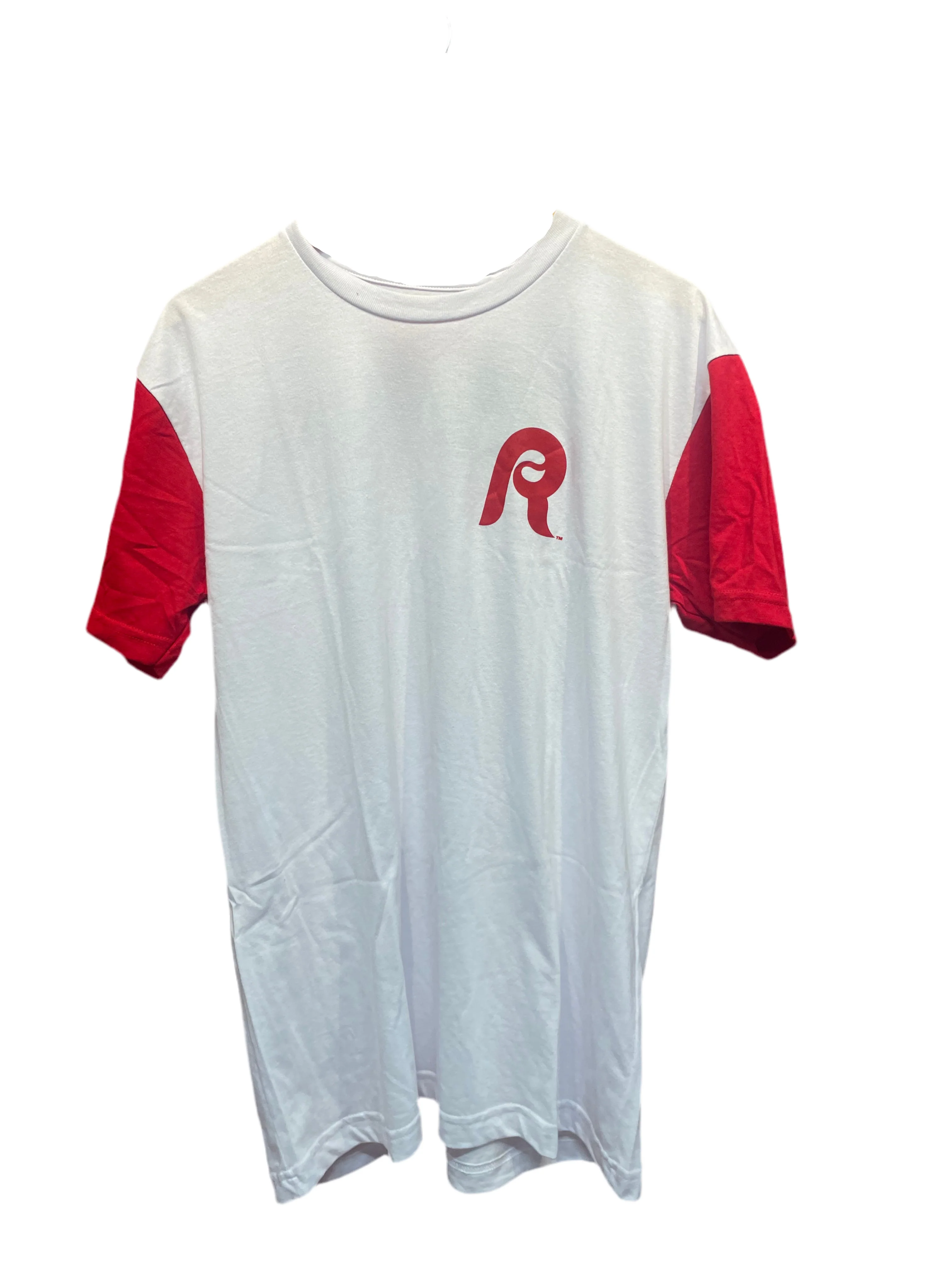 Red and white R Kickstand Baseball Tee