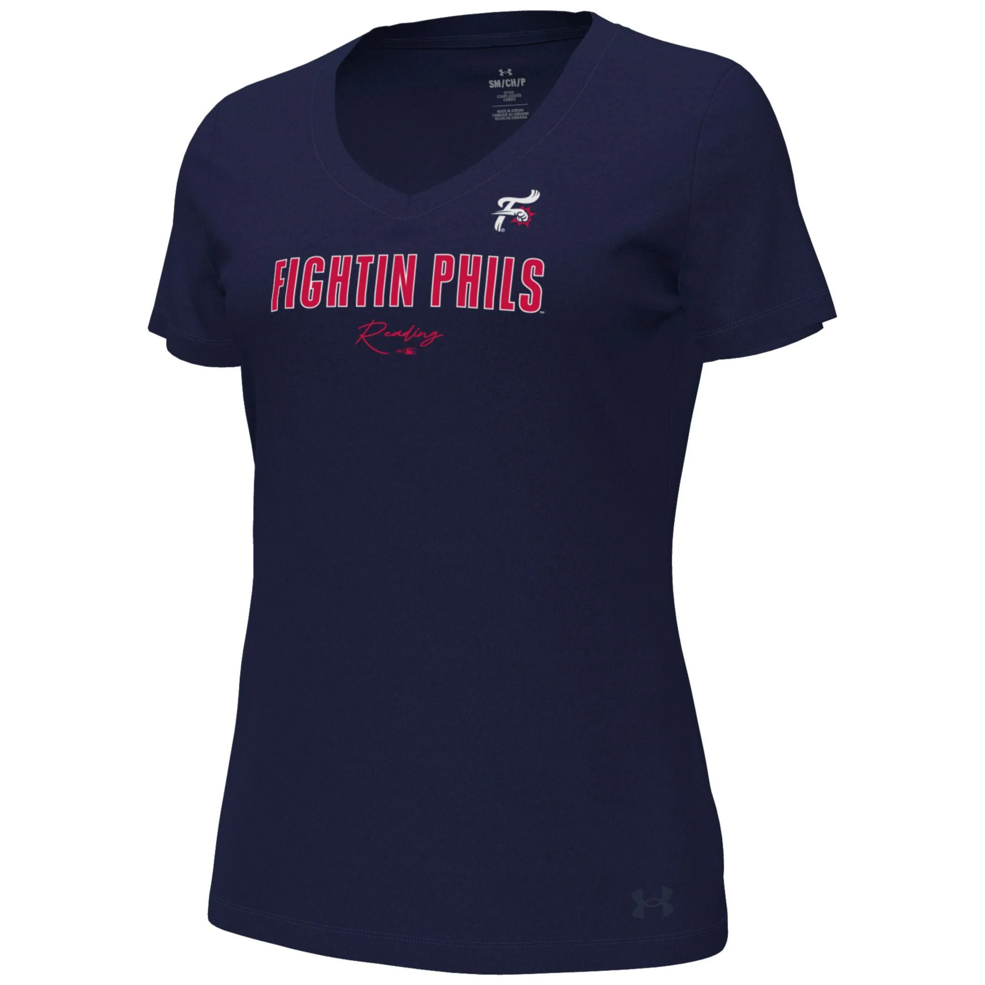 UA Women's Fightin Phils Script Navy Performace Cotton V-Neck Tee